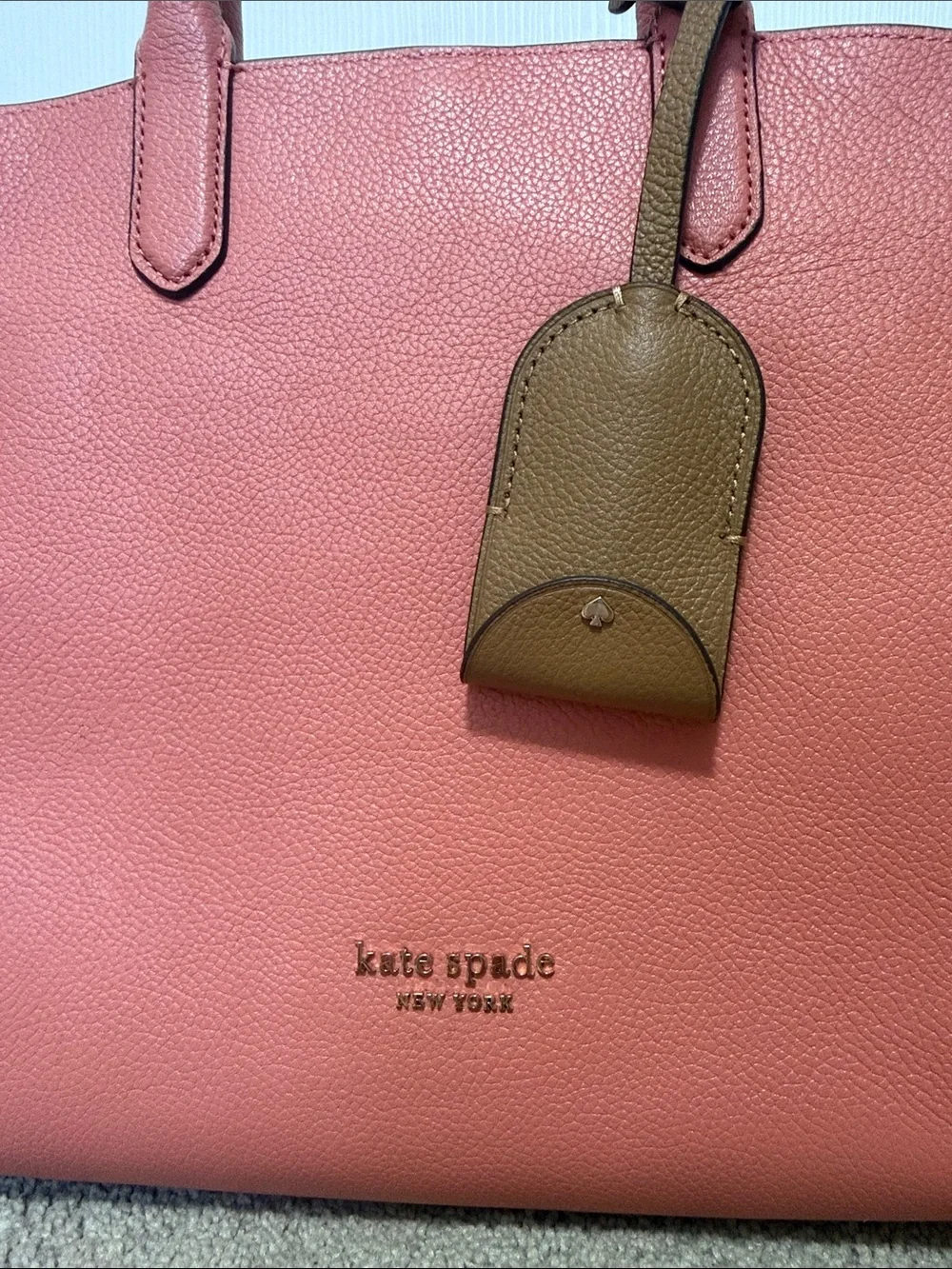 kate spade Coral Pink Pebbled Leather Satchel with Tan Tag